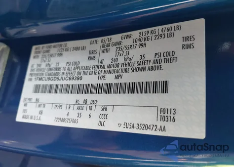 2018 Ford Escape Se из США, поврежденный, VIN 1FMCU9GD5JUC69390